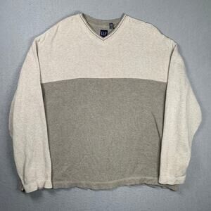 Vintage GAP Sweater Mens 2XL Pullover Colorblock Gray Beige Ribbed V Neck Y2K